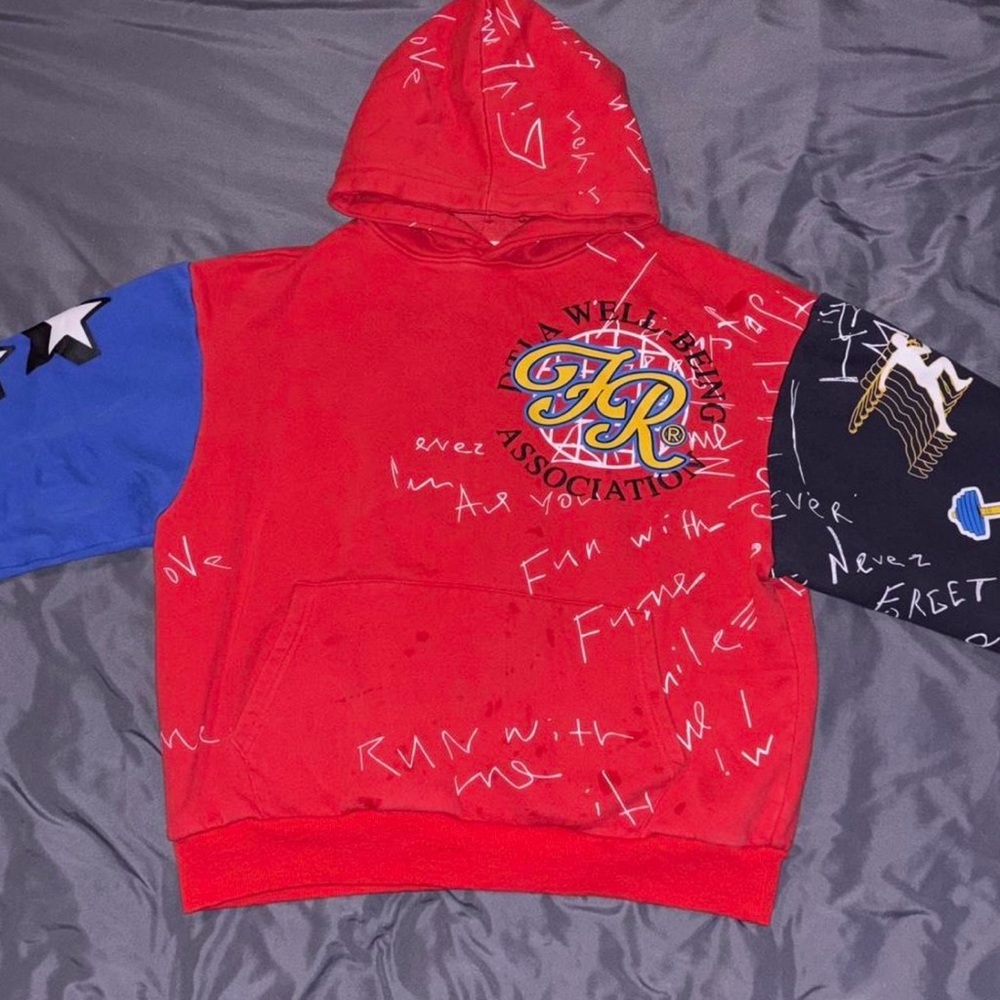 Red Graphic Hoodie with Blue and Black Sleeves